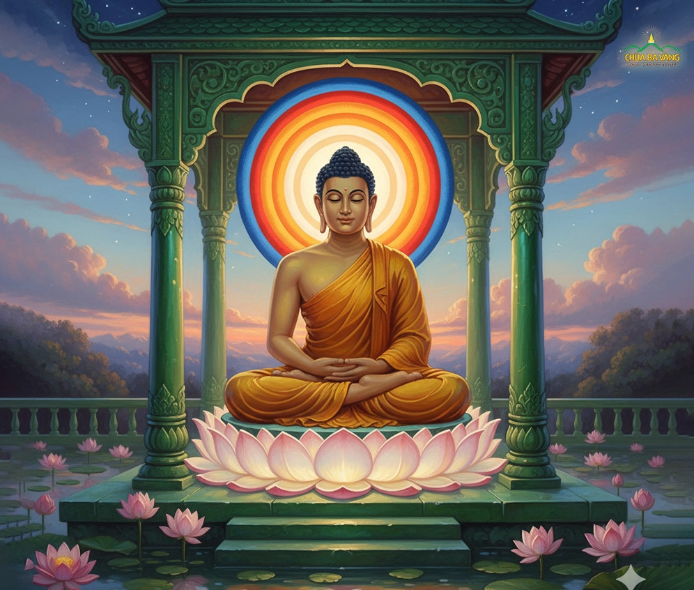Ảnh minh họa Đức Phật với thân và tâm trong sáng, tinh khiết tuyệt đối tỏa ra vòng hào quang rực rỡ