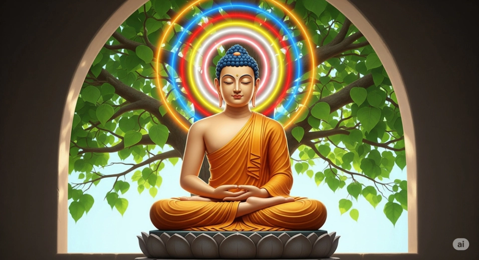 Ảnh minh họa hào quang Đức Phật ở tuần lễ thứ tư sau khi Ngài thành đạo, nguồn cảm hứng cho lá cờ ngũ sắc