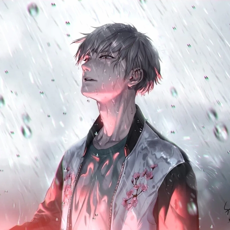 Cận cảnh đôi mắt buồn màu xanh biếc của một nhân vật anime nam trong một ngày u sầu, phảng phất nỗi cô đơn.