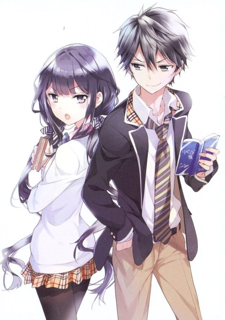 Hình ảnh cặp đôi học sinh anime trong bộ đồng phục đang tạo dáng trái tim cực kỳ cute và ngộ nghĩnh.