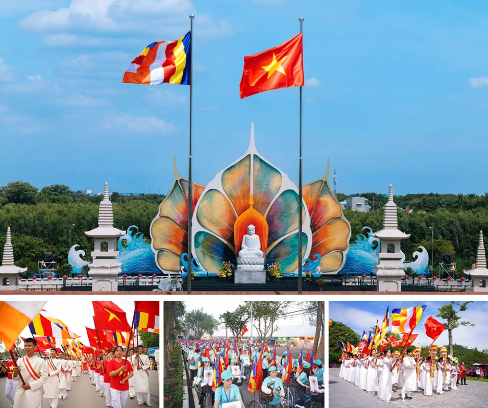 Hình ảnh cờ Tổ quốc Việt Nam và cờ Phật giáo cùng tung bay trong Đại lễ Vesak Liên Hợp Quốc 2025