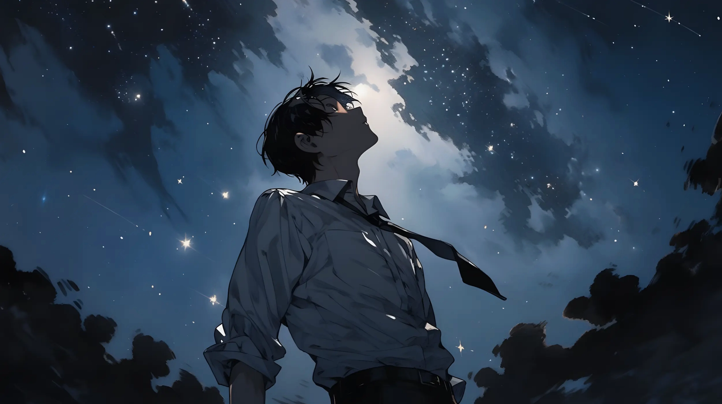 Hình ảnh một chàng trai anime cô đơn ngồi bên cửa sổ nhìn ra ngoài, không gian mang màu sắc trầm buồn.
