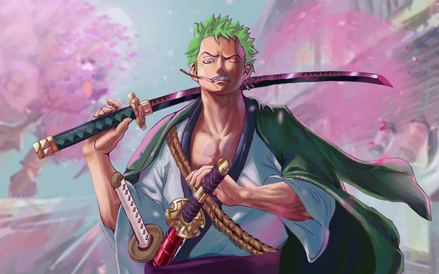 Hình ảnh zoro đang trong thế tấn công tam kiếm phái với sát khí ngùn ngụt, nét vẽ sắc sảo làm nổi bật cơ bắp và sự tập trung cao độ của anh.