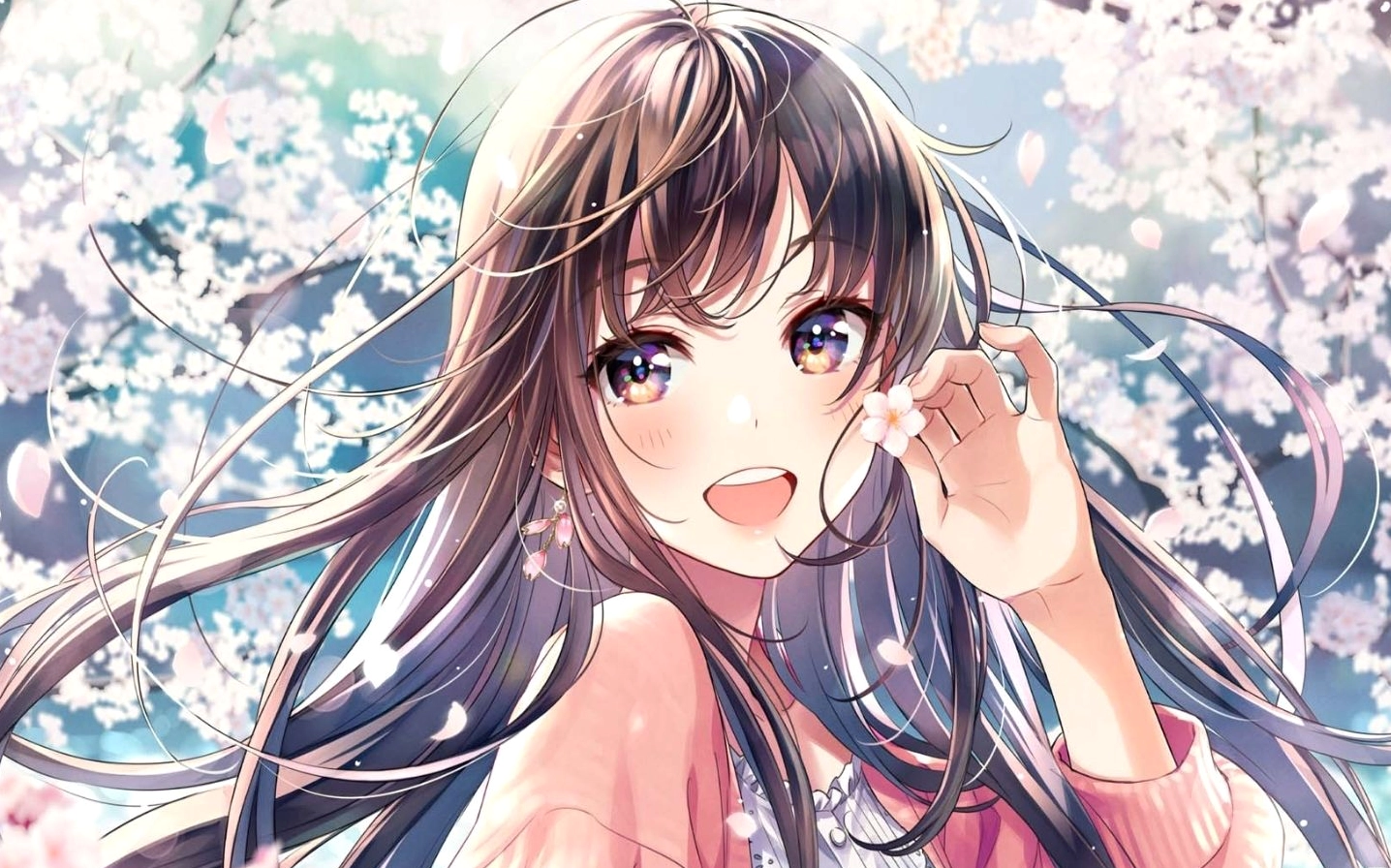 Hình nền anime cute với cô gái có đôi tai mèo đang thưởng thức đồ uống, đôi mắt to tròn long lanh và biểu cảm ngây thơ khiến người xem tan chảy.