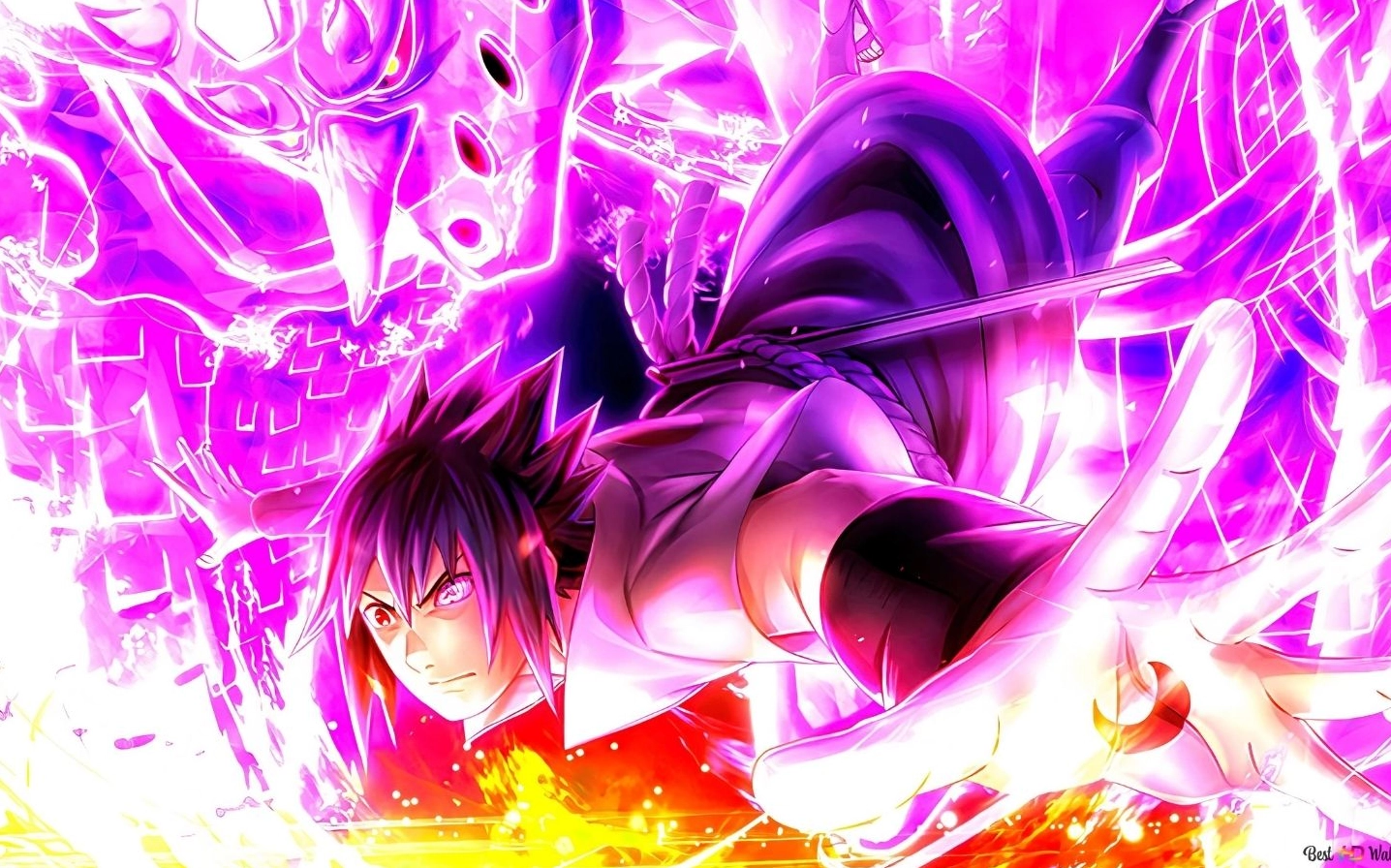 Hình nền Sasuke Uchiha trong phiên bản mạnh nhất với con mắt Rinnegan và Sharingan, phông nền sấm sét tím làm nổi bật quyền năng và sự lạnh lùng của nhân vật.