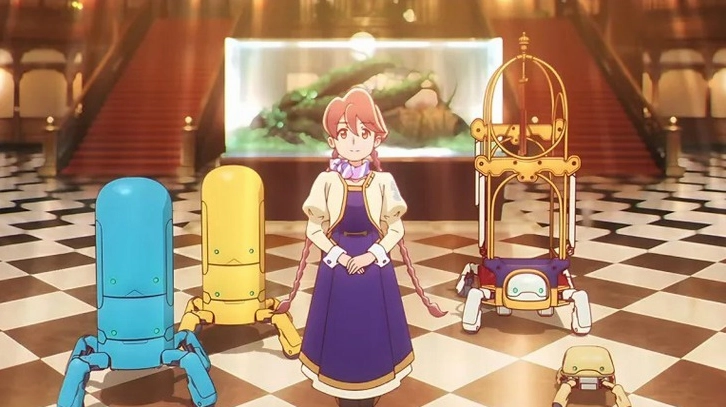 Một nhóm nhân vật anime đa dạng đang tập trung tại sảnh của một khách sạn mang phong cách cổ điển.