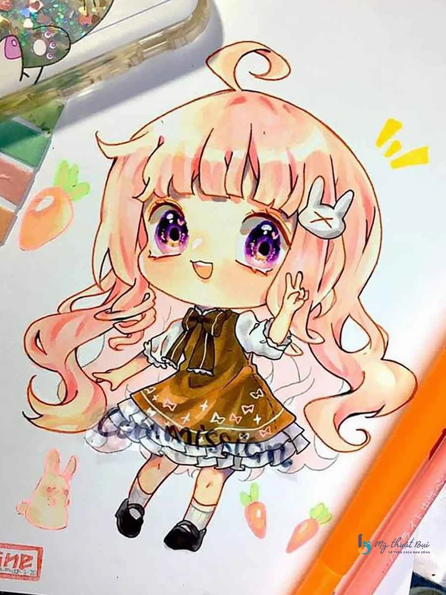 Một tranh vẽ anime chibi với nhân vật đang thưởng thức món ăn, đôi má phúng phính và vẻ mặt hạnh phúc.