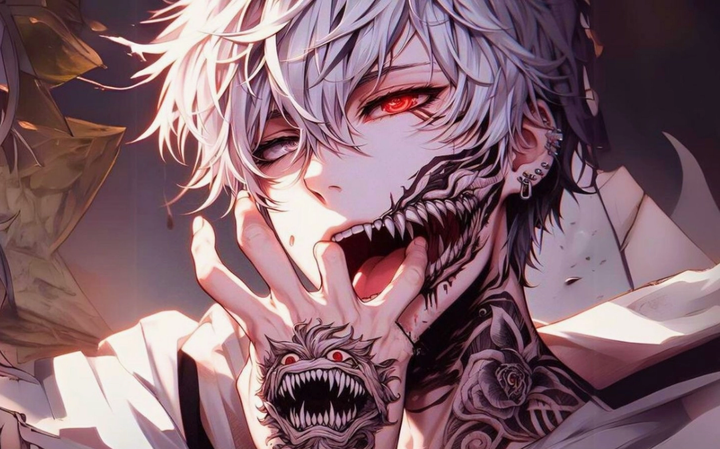 Nhân vật anime nam đầy lạnh lùng và cuốn hút với mái tóc trắng và đôi mắt sắc bén, hậu cảnh là thành phố đêm mờ ảo, tạo nên một vẻ đẹp đầy bí ẩn.