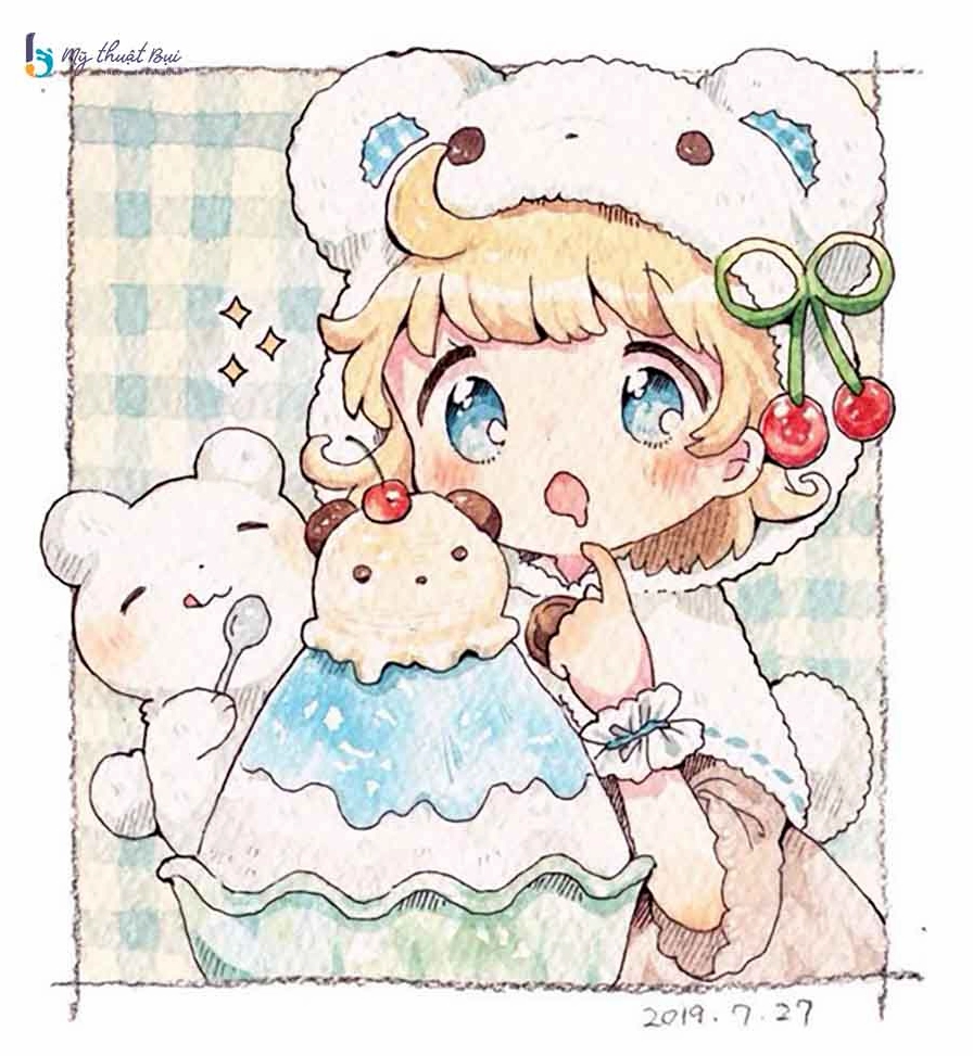 Tranh vẽ anime dễ thương theo phong cách chibi, nhân vật đang vẫy tay chào với nụ cười rạng rỡ.