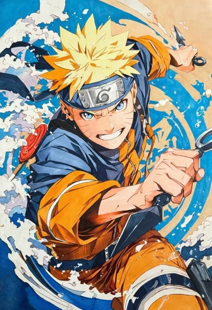 Tranh vẽ anime hành động ghi lại khoảnh khắc một nhân vật nữ đang vung kiếm, ánh mắt sắc lẹm và tư thế dứt khoát.
