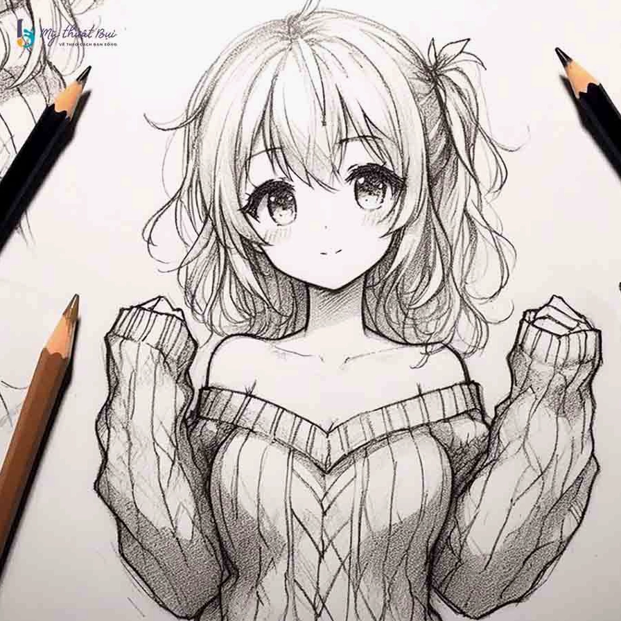Tranh vẽ anime nữ đẹp với mái tóc dài màu xanh dương và bộ trang phục thủy thủ quen thuộc, toát lên vẻ ngây thơ và trong sáng.
