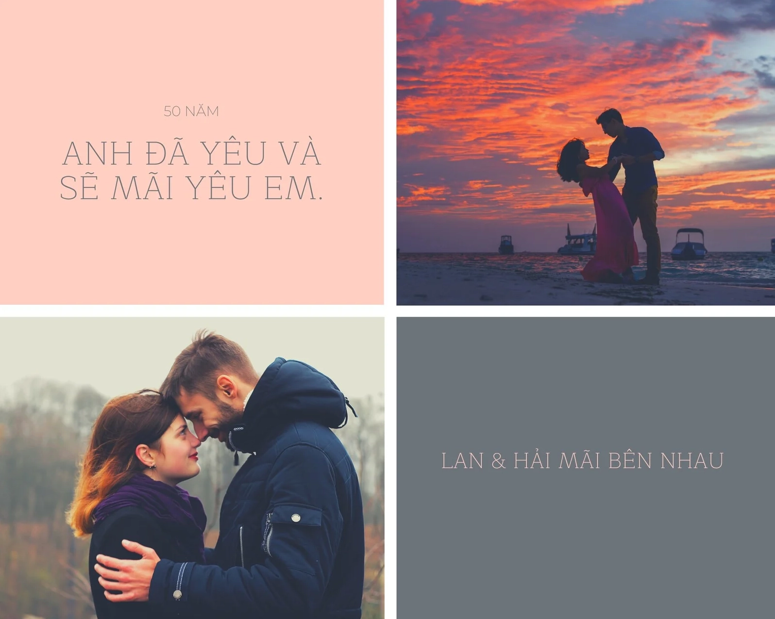 Ảnh ghép kỷ niệm với gam màu hồng và xám, chủ đề lời thề và sự đổi mới