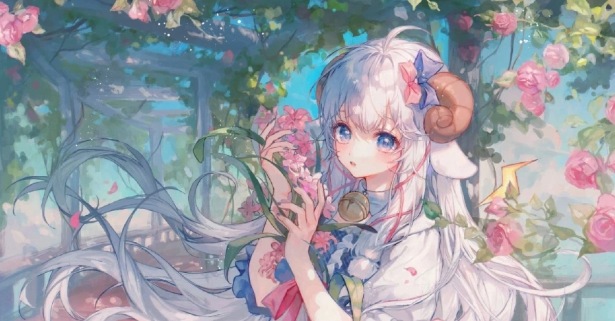 Ảnh nền anime đẹp với cô gái tóc trắng và tai mèo đang ngồi bên cửa sổ