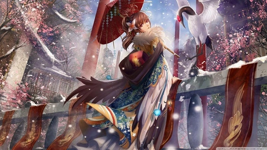 Background anime PC 3D với nhân vật nữ cầm vũ khí trong một khung cảnh giả tưởng