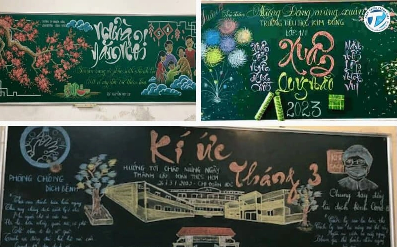 Các mẫu trang trí bảng lớp học theo chủ đề phổ biến nhất, bao gồm hình ảnh cây xanh và các nhân vật hoạt hình