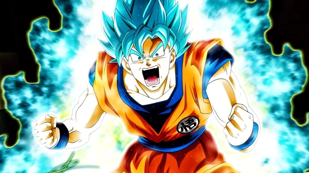 Hình nền Songoku Super Saiyan Blue đẹp nhất với mái tóc xanh và luồng khí đặc trưng.
