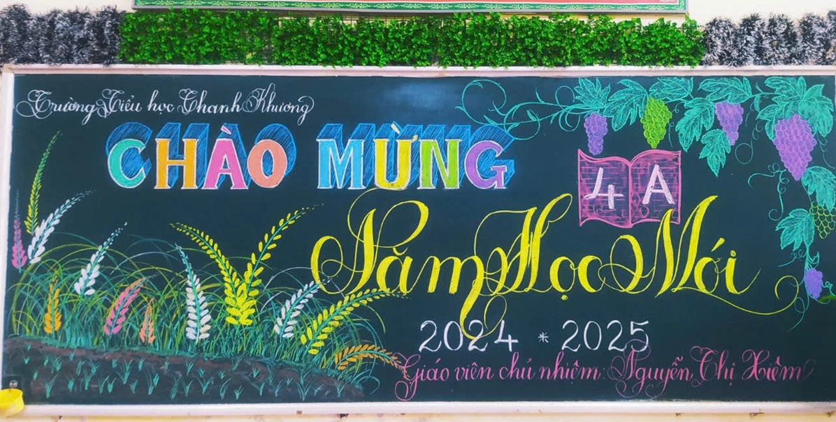 Mẫu trang trí bảng lớp học đầu năm học mới với các họa tiết vui tươi và câu slogan ý nghĩa