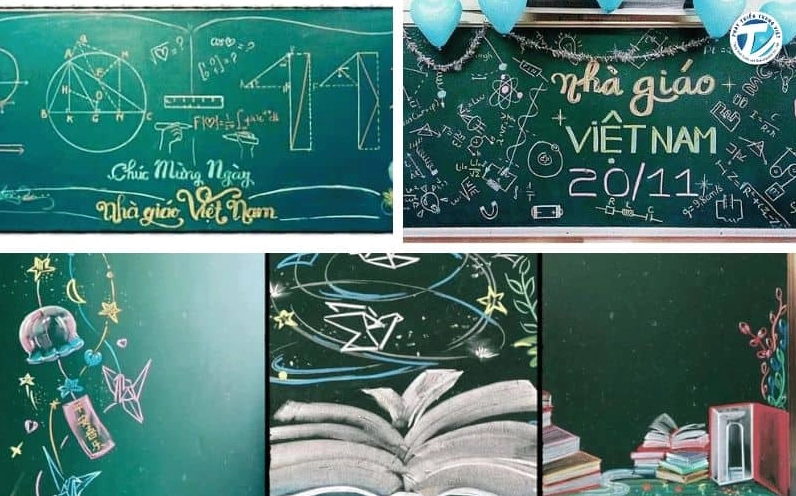 Mẫu trang trí bảng lớp học theo đặc thù môn học, với các yếu tố liên quan đến khoa học và toán học