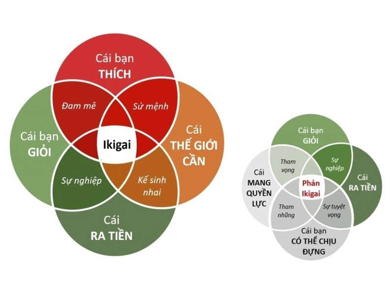 Mô hình Ikigai với 4 vòng tròn giao nhau thể hiện các yếu tố: điều bạn yêu thích, điều bạn giỏi, điều thế giới cần, và điều bạn được trả tiền.