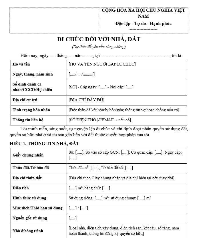 Mẫu di chúc công chứng là gì?